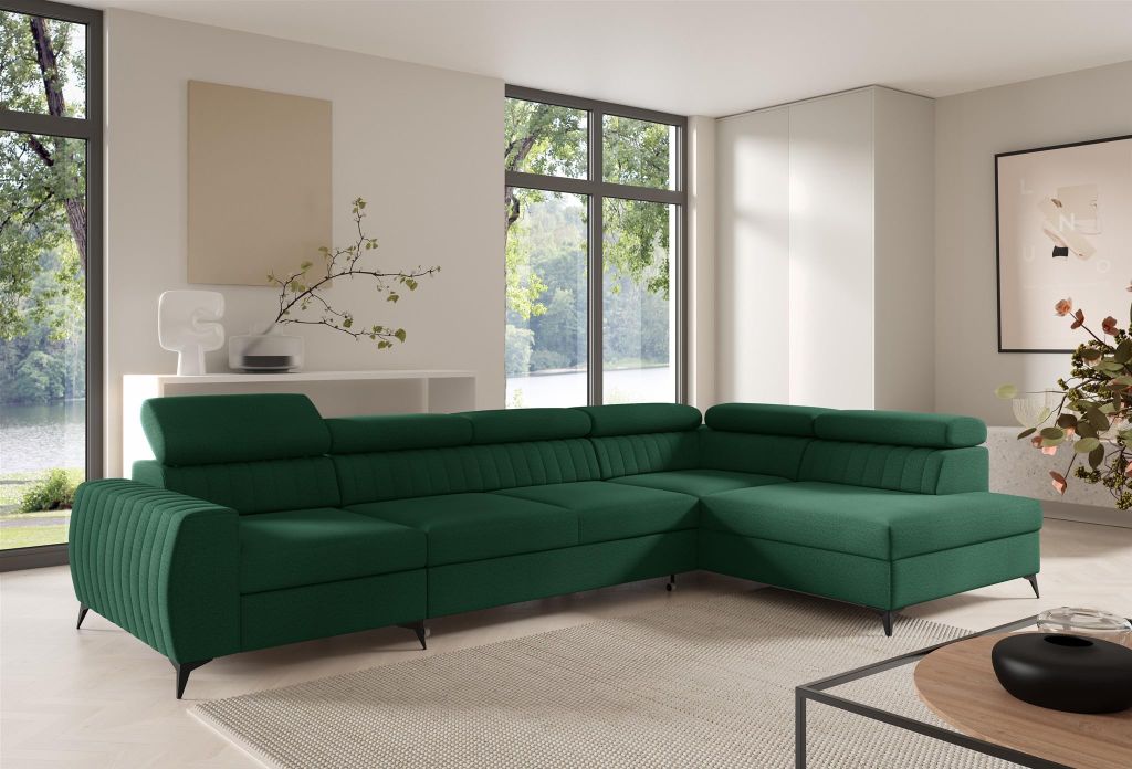 Ecksofa Schlafsofa Sofa TORONTO XL Stoff Element Dunkelgrün Ottomane Rechts
