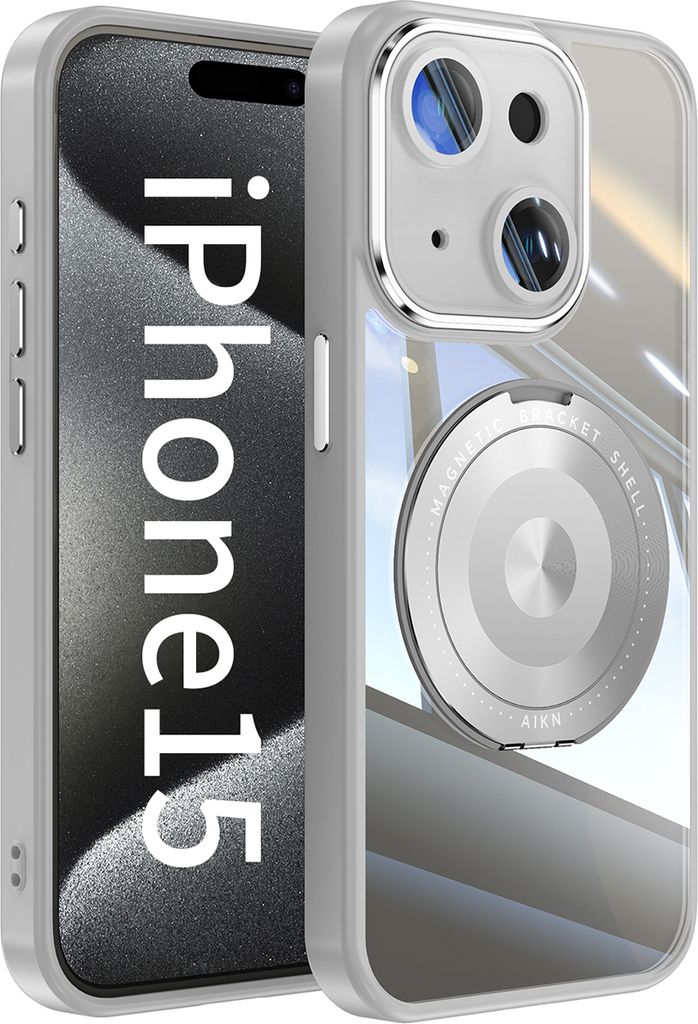 Handyhülle für iPhone 15 Transparent Militärschutz mit Magnetring Ständer und Kameraabdeckung Grau
