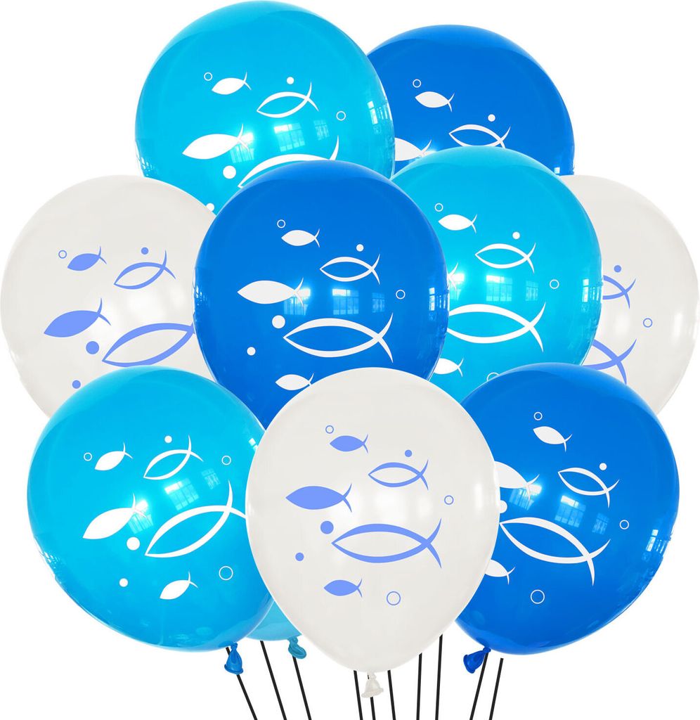 Oblique Unique Fisch Luftballon Set 10 Stk. Ballons für Taufe Kommunion Konfirmation Deko Junge Weiß Blau