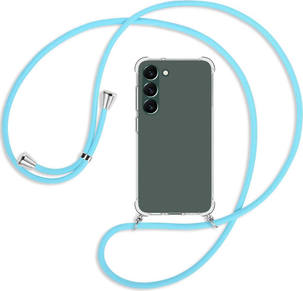 Handykette Backcover-Schutzhülle mit Band (Metall silberfarben) für Samsung Galaxy S23 Plus - himmelblau
