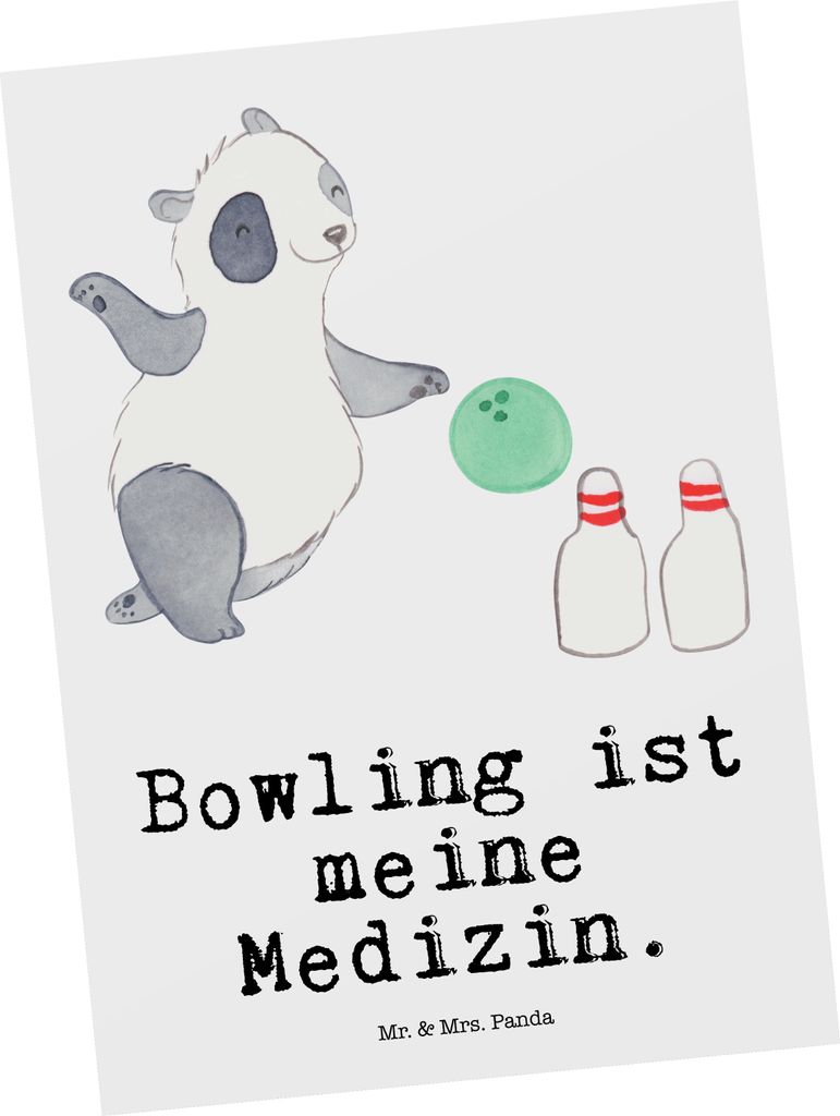 Mr. & Mrs. Panda Postkarte Panda Bowling - Weiß - Geschenk, Ansichtskarte, Grußkarte, bildkarte, Postkarten, Bowlen gehen, Center, Fotokarte