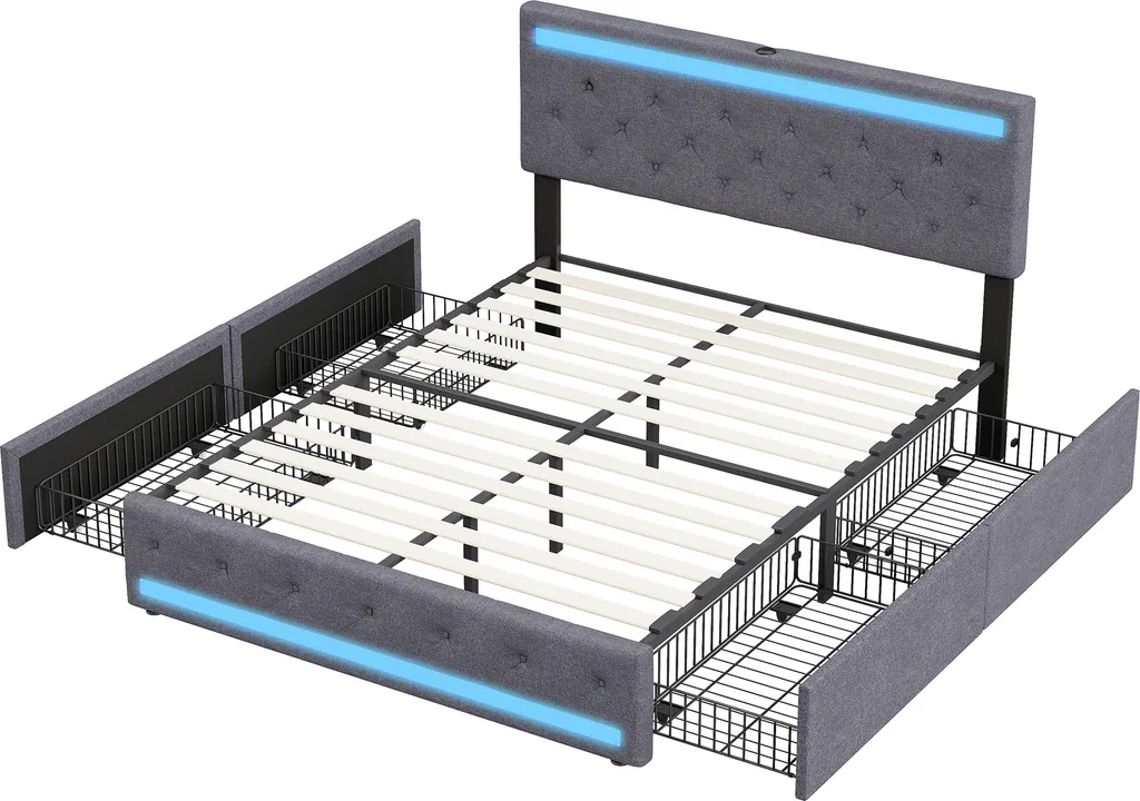 Lit 160x200 moderne avec LED et USB, solution gain de place 4 tiroirs - 7