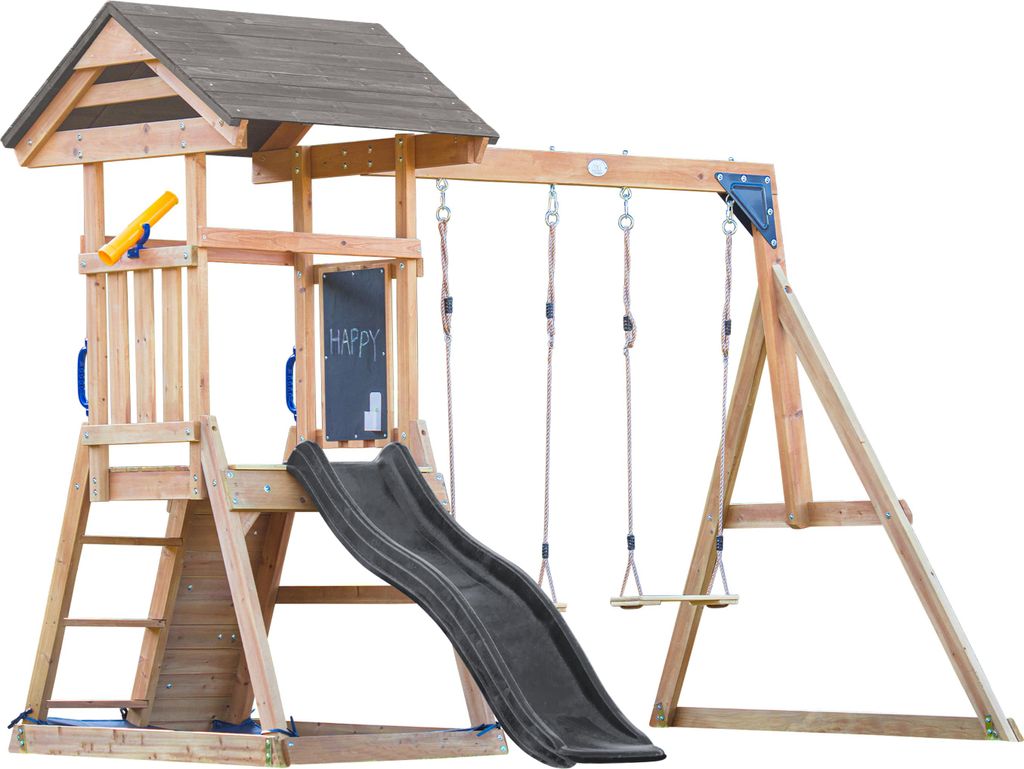 AXI Mia Spielturm aus Holz in Braun mit Doppelschaukel | Spielplatz für Kinder mit grauer Rutsche, Schaukel, Kletterwand & Sandkasten | Stelzenhau...