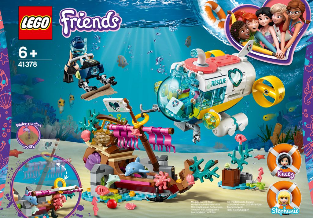The image shows the packaging of a LEGO Friends rescue submarine playset, depicting an underwater scene with the submarine, a shipwreck, and various marine life.