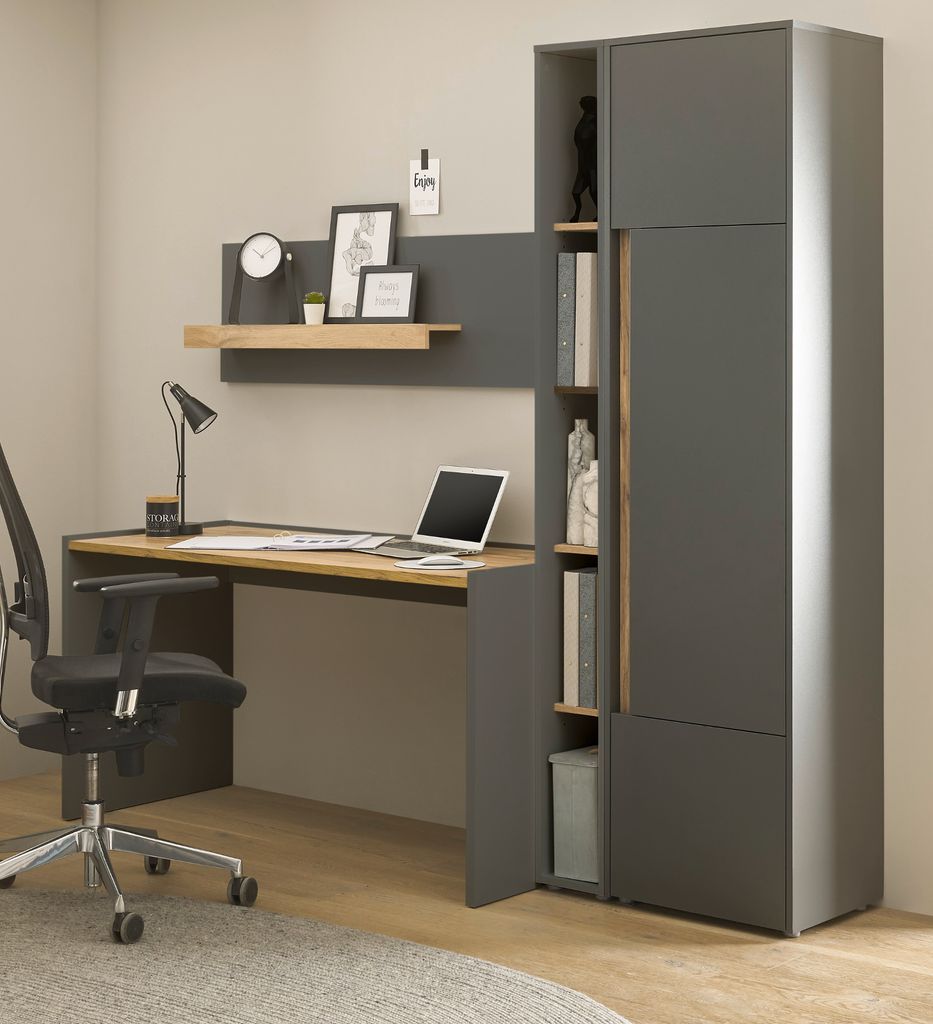 Büromöbel Set Center matt grau und Wotan Eiche, Büro 4-teilig mit großem Schrank