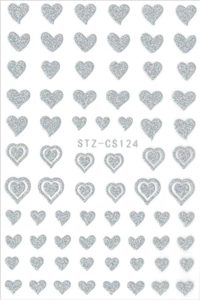 3D Nagelsticker selbstklebend Glitzer Herzen STZ-CS124 silber holo