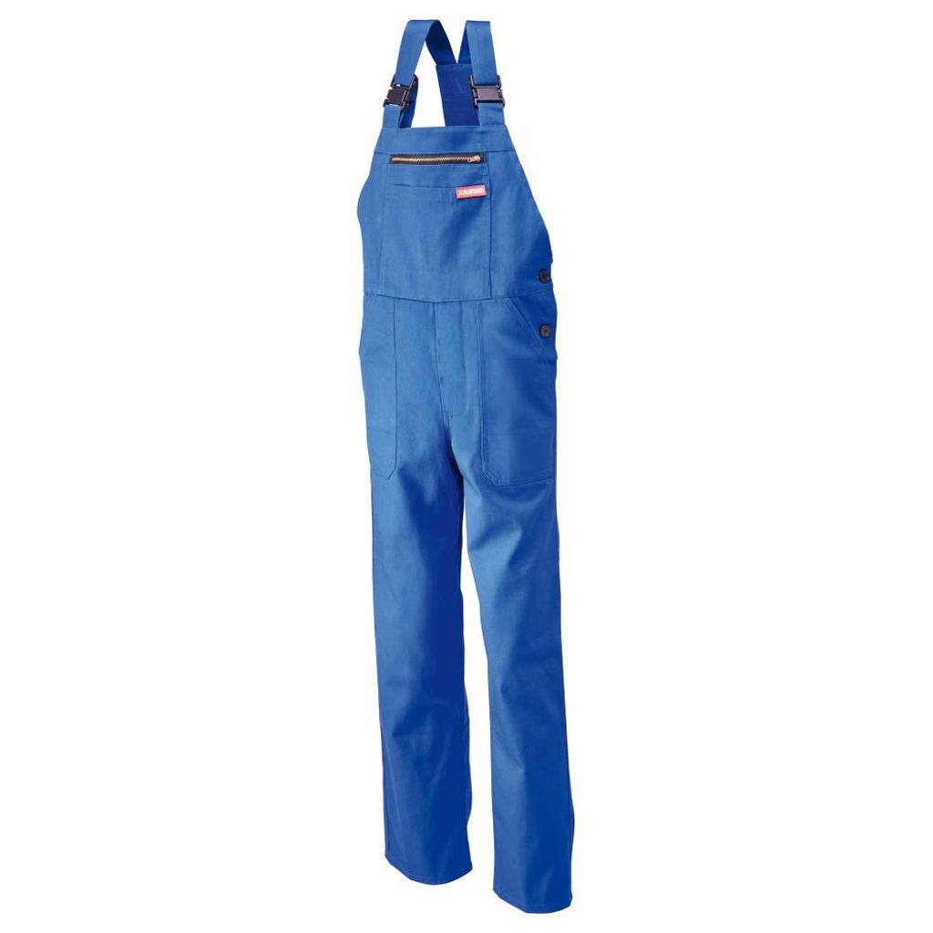 A blue pair of overalls is shown against a white background.
