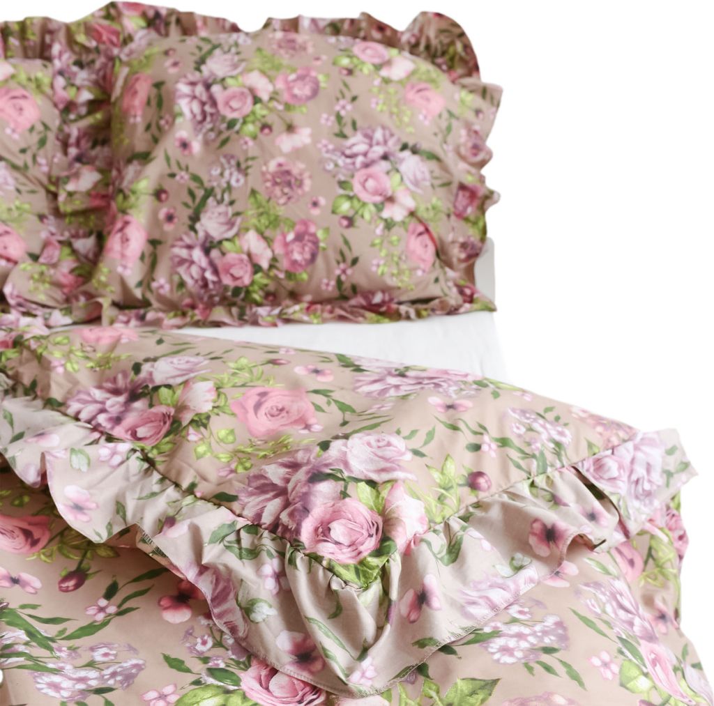 Baumwolle Bettwäsche Mit Rüschen Set Schlafzimmer Bettdeckenbezug 160X200 Cm + 2 Kissenbezüge 70X80 Cm Rosa-Blumen