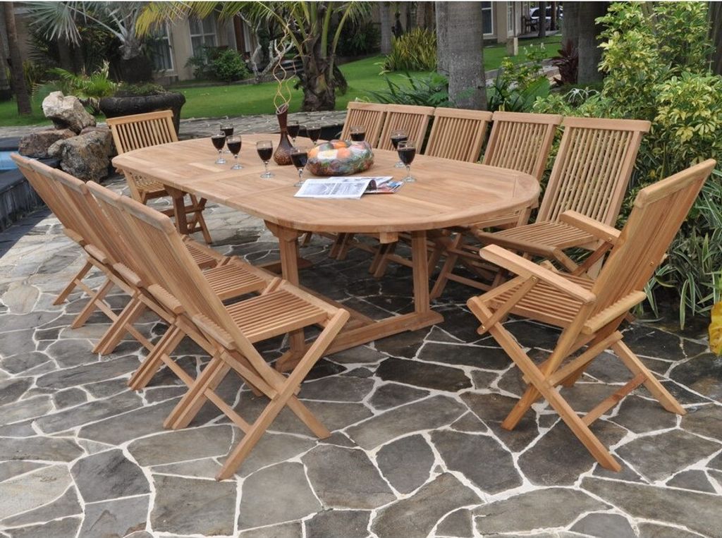 Teako Design Sitzgruppe Teak Massivholz 12 Stühle Ausziehtisch 300cm