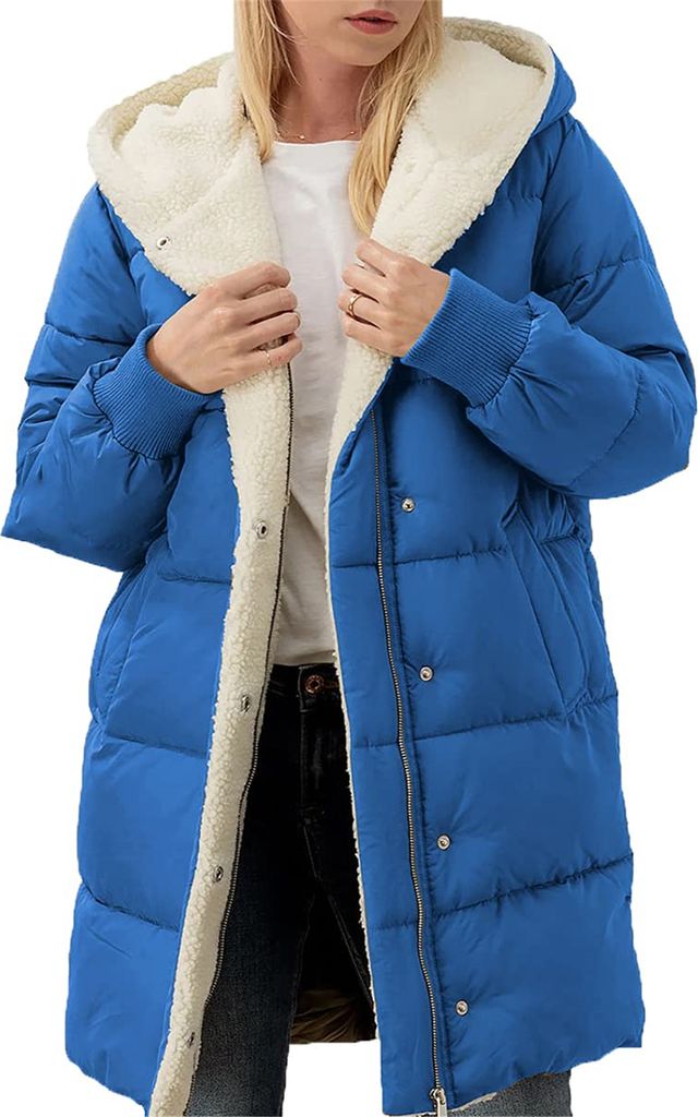 ASKSA Damen Wintermantel Lang Warm Daunenjacke Winterjacke Laessig Fleecejacke Outdoor Casual Kapuzenmantel (Blau,S)