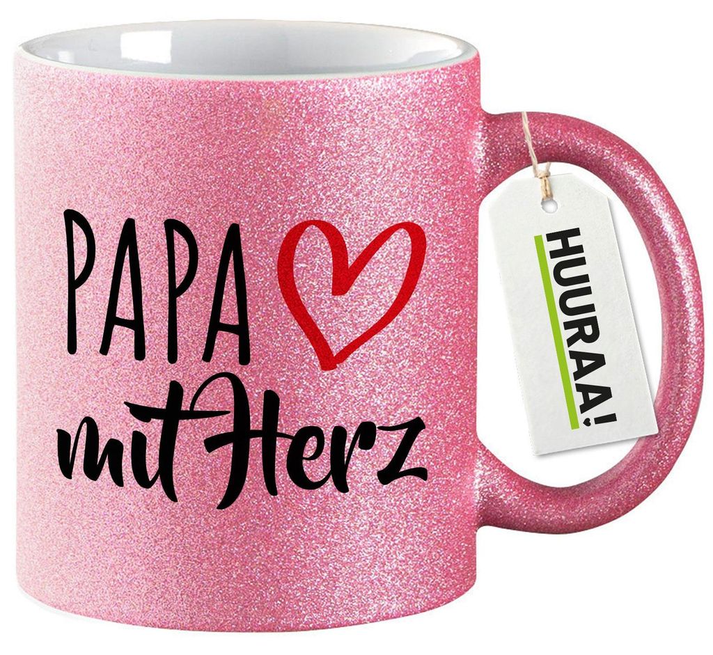 Huuraa Glitzertasse Papa mit Herz 330ml Pink Keramik Kaffeebecher Geschenkidee