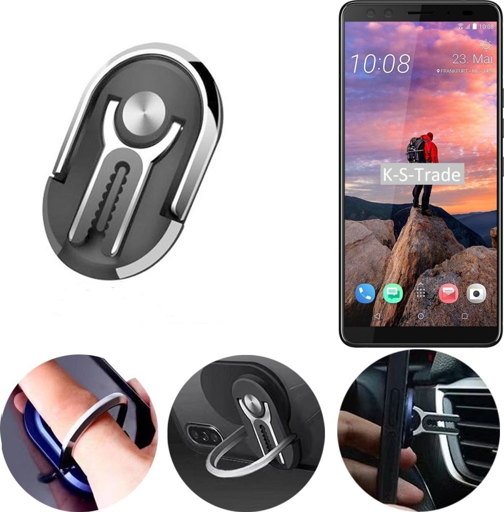 K-S-Trade 3in1 Smartphone-Ring Handy-Ring kompatibel mit HTC U12+ Fingerhalterung Handyring Tischständer Lüftungsgitter-Halterung Tisch Ständer
