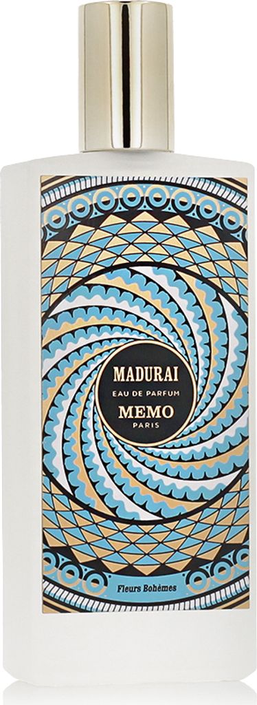 A white perfume bottle with a decorative label.