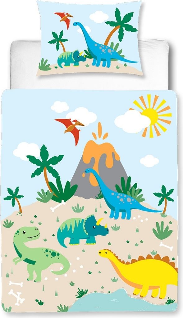 Babybettwäsche Dino 100x135 + 40x60 cm, 100 % Baumwolle Flanell, Biber/Flanell, 2 teilig, Dinosaurier Kinderbettwäsche, fröhliches Kinderzimmer