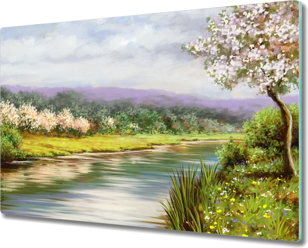 Coloray Hackbrett Kochplattenabdeckung Herdabdeckplatte 80x52 cm Schneidebrett Küchenbrett - Baum Blumen Flusslandschaft