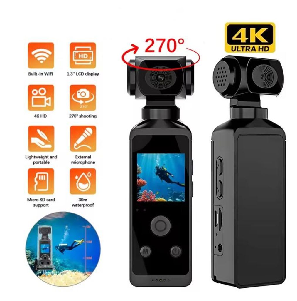 4K-HD-Taschen-Actionkamera, um 270° drehbar, verwacklungsfrei, WLAN-Sportkamera, wasserdicht bis 30 m, kleine Videokamera für Fotografie