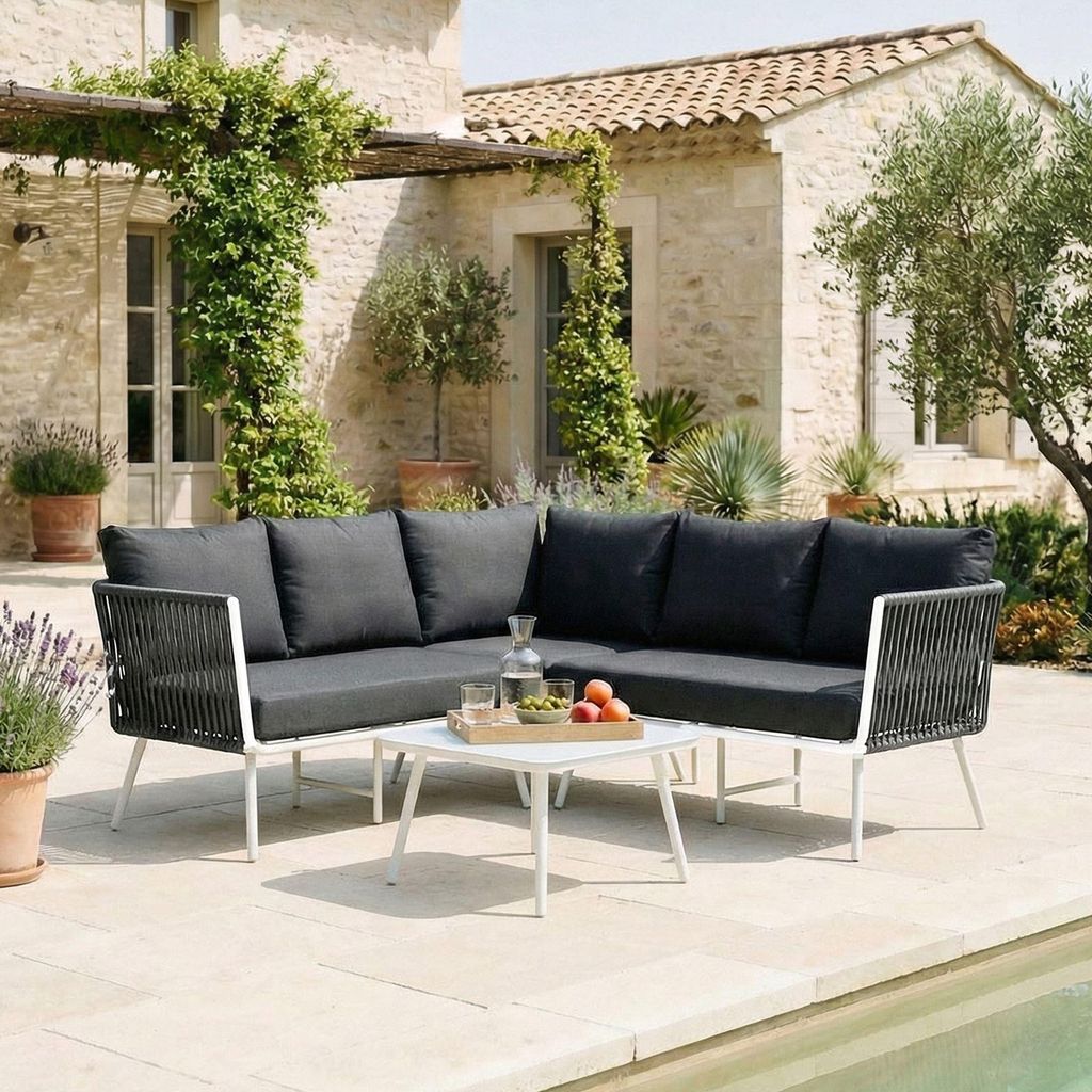 Gartenlounge JAKARTA, weiß/grau - Outdoor Ecksofa mit Dreisitzer, Zweisitzer und Beistelltisch, robustes Metallgestell, wasserabweisende Kissen, f...