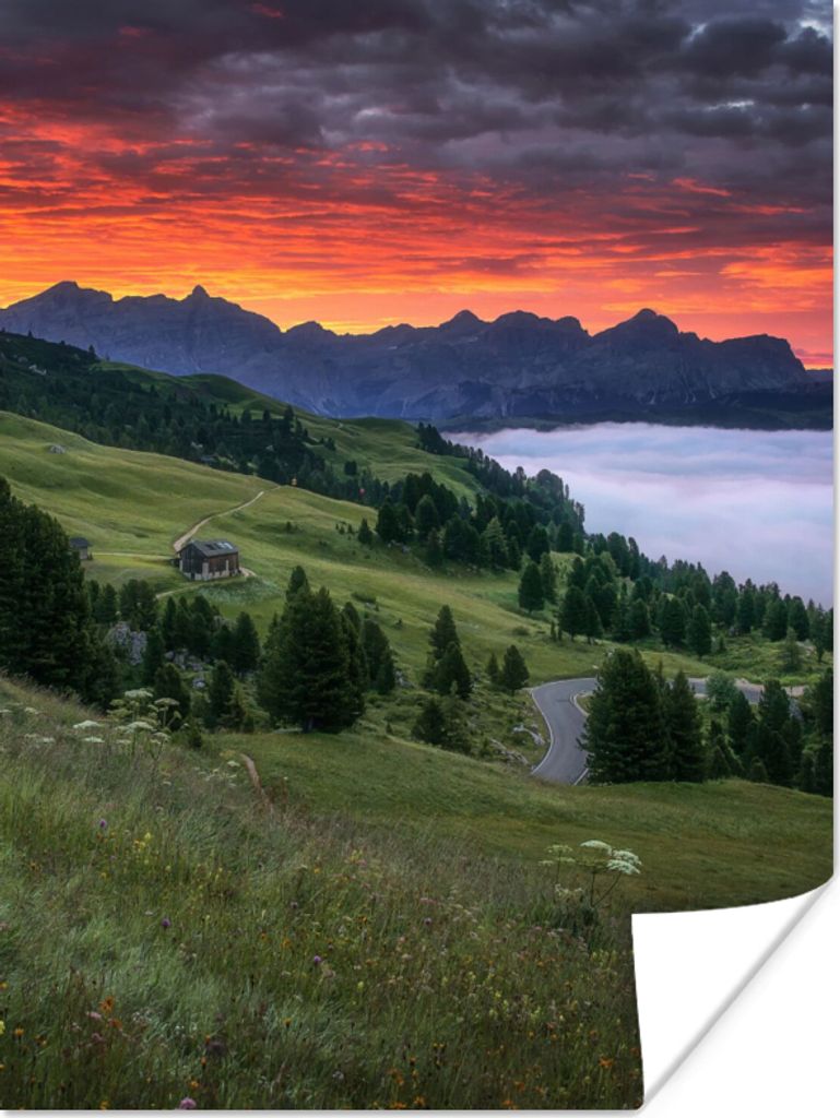 MuchoWow Poster Gras - Berge - Abend 120x160 cm - Wandbilder