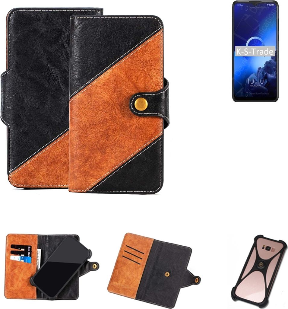 K-S-Trade Handyhülle Schutzhülle Bookstyle Case Wallet-Case kompatibel mit Alcatel 3X (2019) Handy Cover Bumper Klapphülle schwarz hellbraun 1x