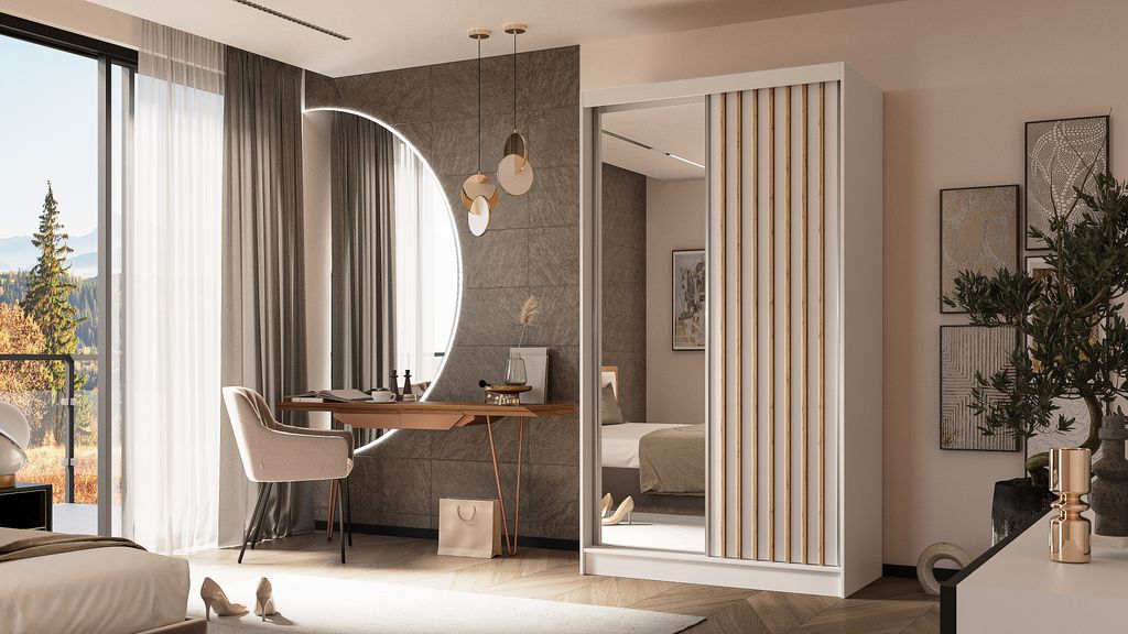 ALTDECOR Kleiderschrank mit Spiegel und Schiebetüren, kugelgelagerte Führungsschienen und Aluminium-Leisten, LED-Beleuchtung (weiß + 16 Farben) ...