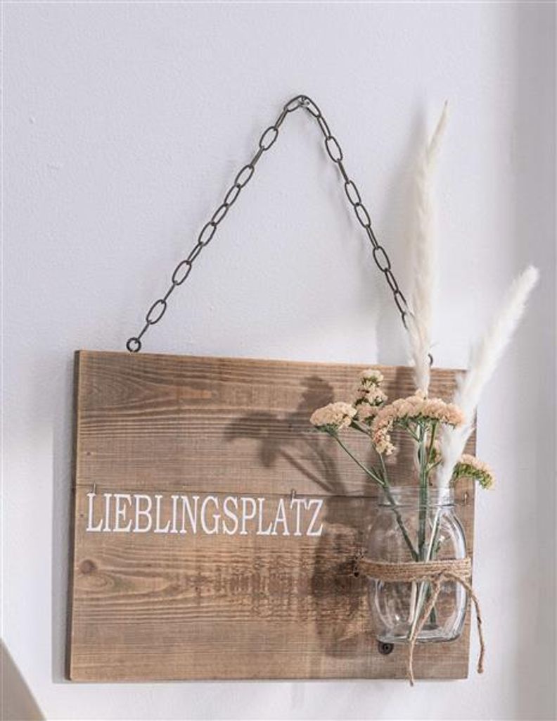 Schild "Lieblingsplatz" aus recyceltem Holz mit Glasvase, Wanddeko mit Schriftzug, Wandschmuck, Wandbild