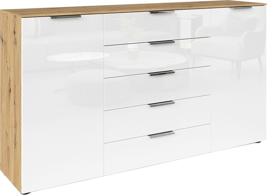 Sideboard - 180 x 100 cm - 2 Türen - 5 Schubladen - Artisan Eiche Nachbildung - Weiß - Glas