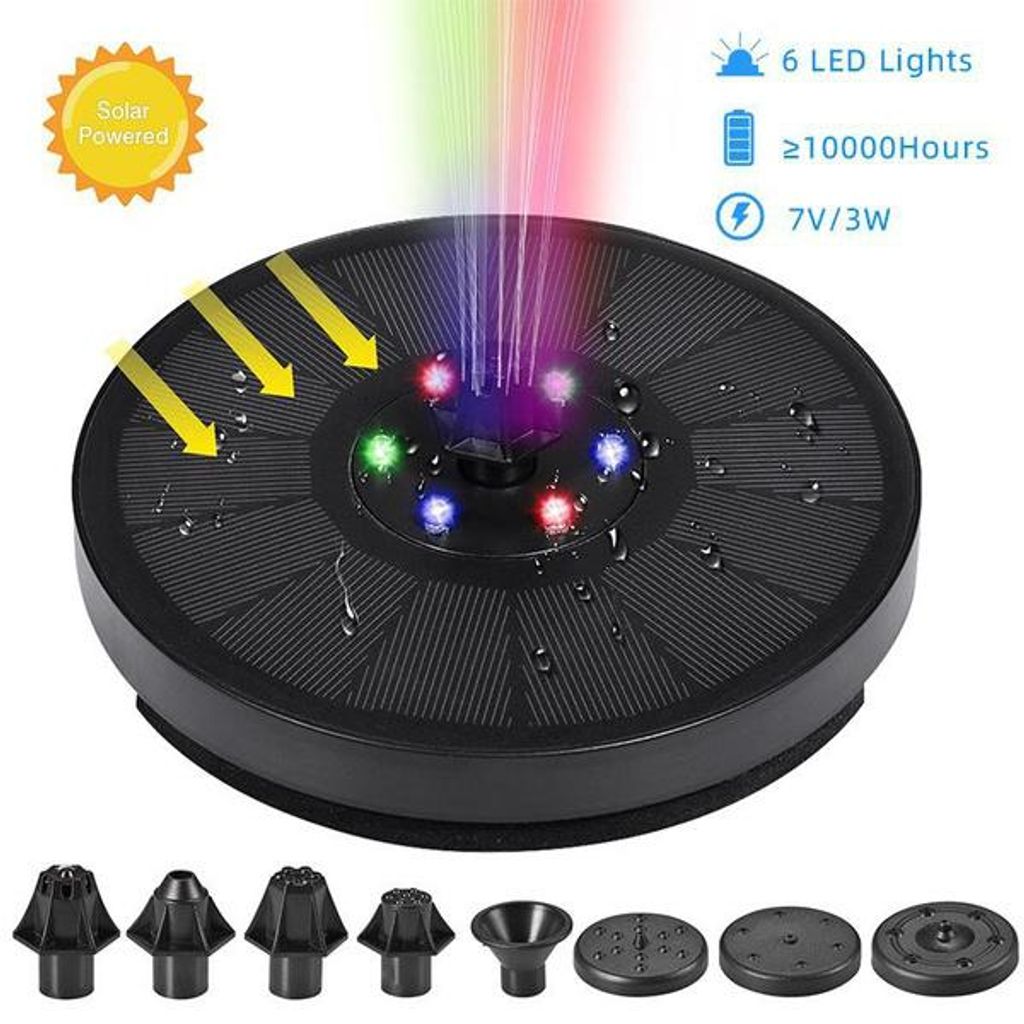 High Quality Solar Fountain 7V/3W IP68 Colorful Waterproof Pool Fountain 6 LED Lights Garden Pond Birdbath Garden Decoration 1 Stück