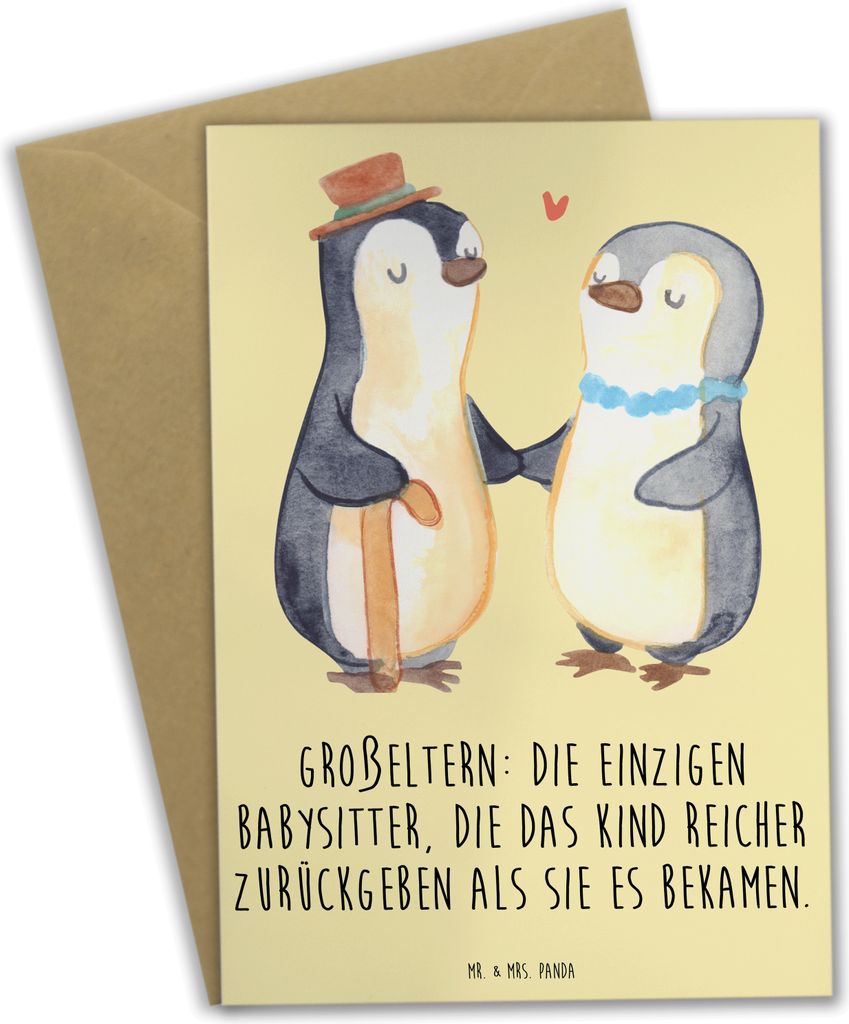 Mr. & Mrs. Panda Klappkarte Großeltern Babysitter - Gelb Pastell - Geschenk, Familie, einladungskarten, Glückwunschkarte, Geschenke, Generationen...
