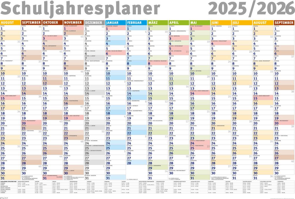 Schuljahresplaner 2025/2026 - Wandplaner Kalender Poster Druck - Grösse 91,5x61 cm gerollt