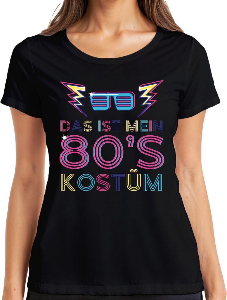 MEIN 80'S KOSTÜM 80er Jahre Retro Neon Party Karneval Brille Damen T-Shirt, Schwarz, L