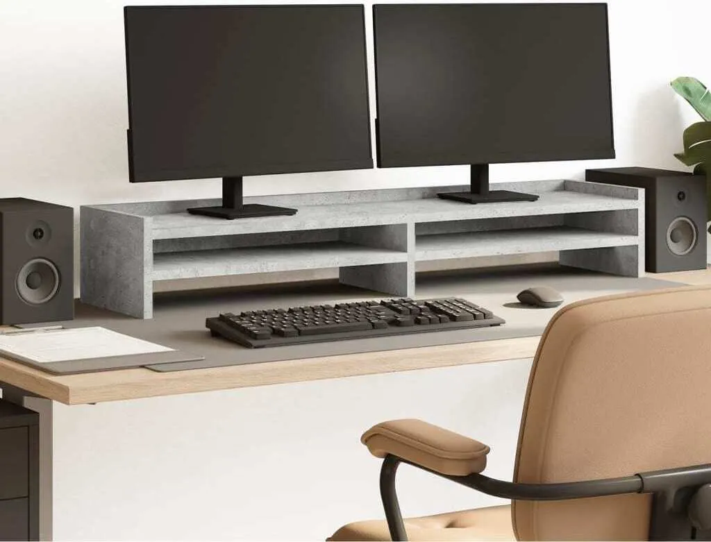Supporto Monitor Grigio Cemento 100x24x16 cm | Rialzo Ergonomico Legno