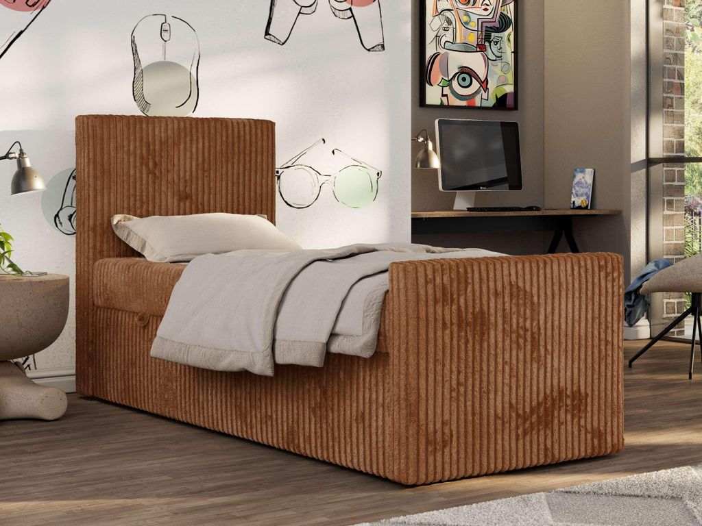 MKS MEBLE Jugendbett TILIO DUO 90x200 mit Stauraum, Polsterbett mit hohem Kopfteil, Cordbezug, 7-Zonen-Taschenfederkern Multipocket-Matratze, Einze...