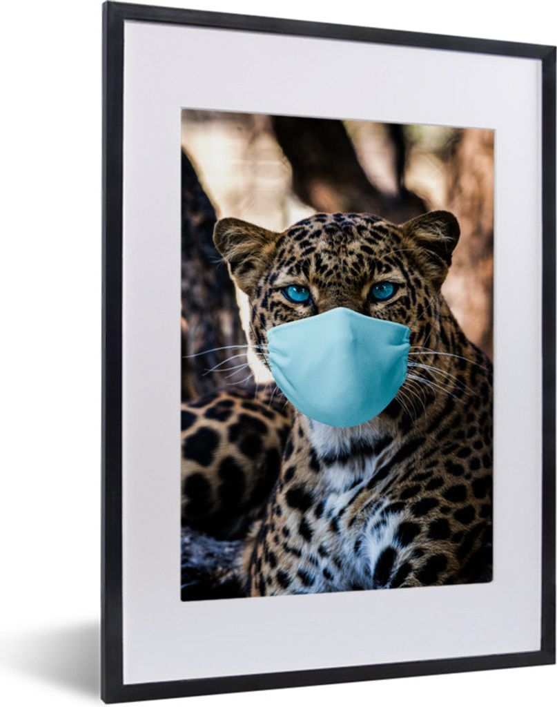 MuchoWow MuchoWow Gerahmtes Poster Mundschutz - Leopard - Tiere 30x40 cm - Poster mit zchwarzem Bilderrahmen - Wandposter Schlafzimmer