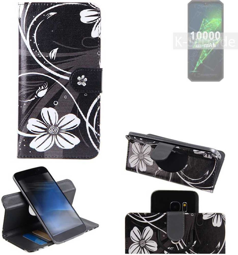K-S-Trade Schutzhülle Handyhülle kompatibel mit Oukitel K15 Plus Hülle 360° Wallet Case ''Flowers'' Klapphülle Hülle schwarz-weiß 1x