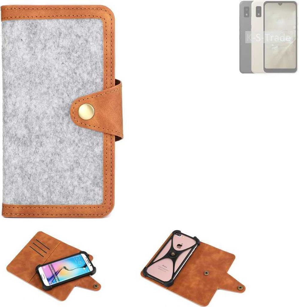 K-S-Trade Handyhülle kompatibel mit Sharp Aquos Wish3 Schutzhülle Filz-Hülle Kunst-Leder hellgrau braun (1x)