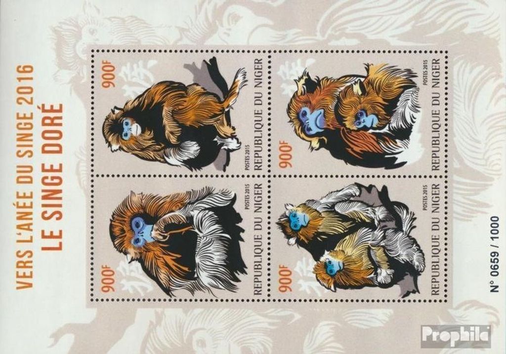 Briefmarken Niger 2015 Mi 3967-3970 Kleinbogen (kompl. Ausg.) postfrisch Jahr des Affen