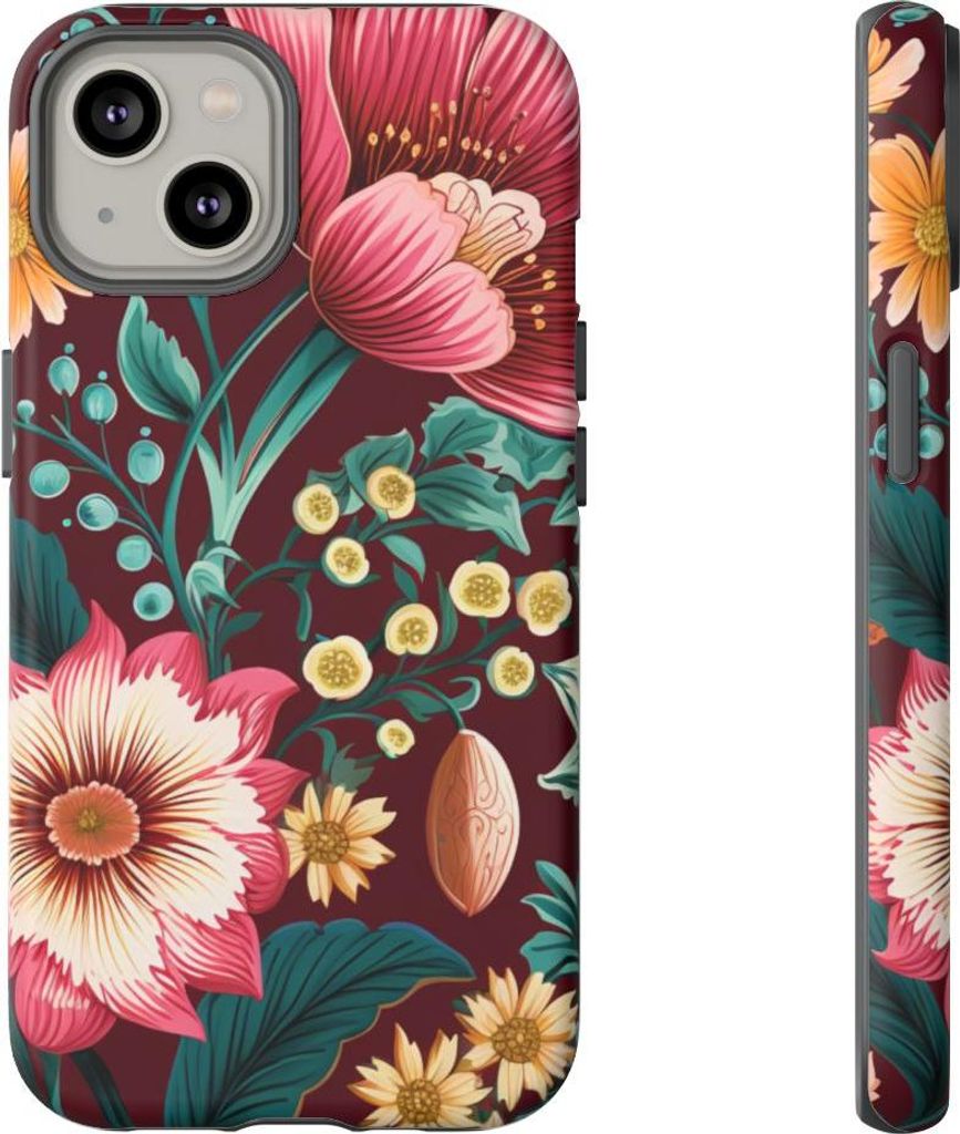 Florales Blütenmuster in Bernstein und Petrol – Hülle Kompatibel mit iPhone 14