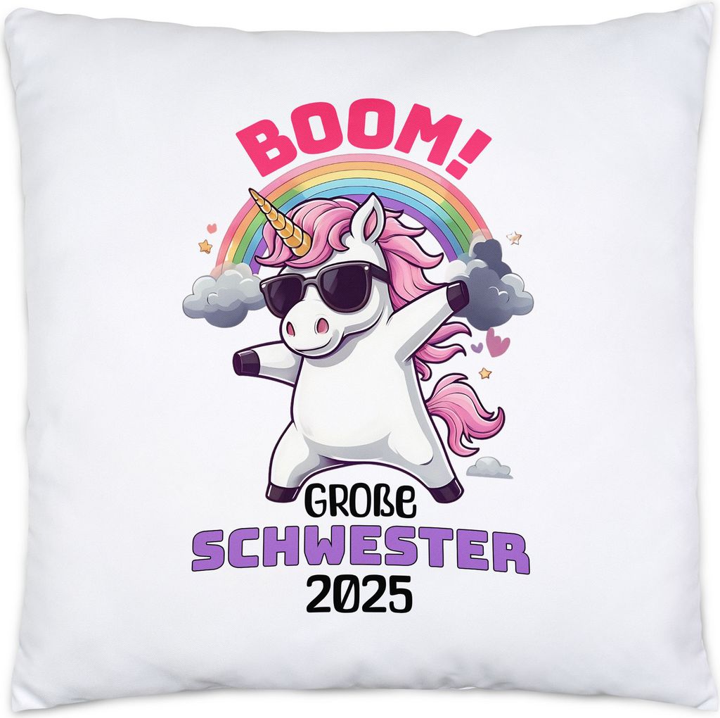 Boom Große Schwester 2025 Kissen Geschenk Einhorn Geschwister Geburt Überraschung Freude Party