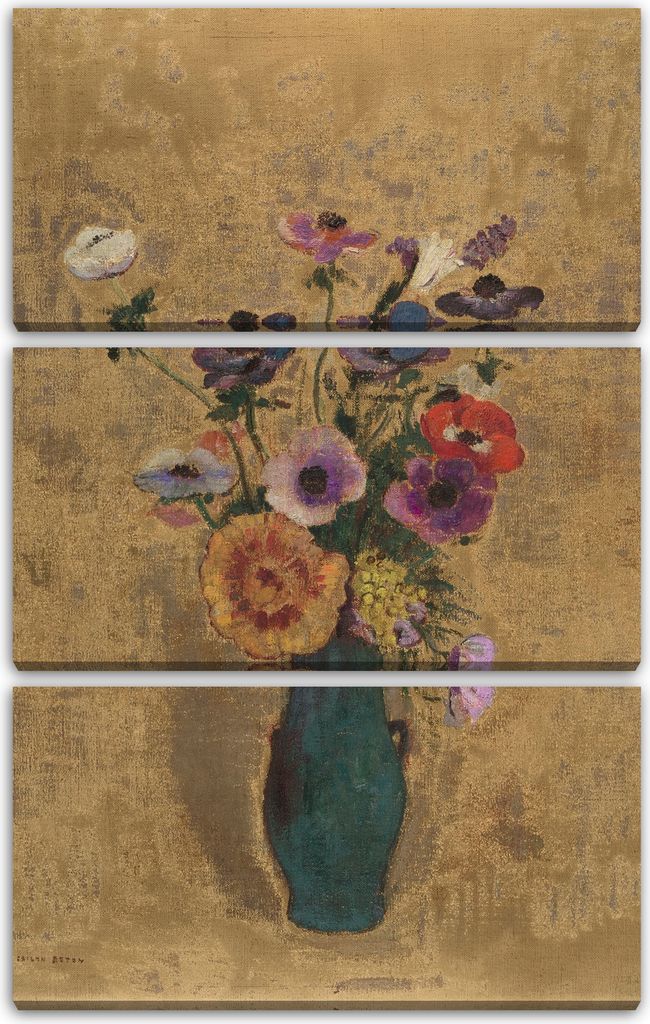 Leinwandbild 3-teilig (80x120cm): Odilon Redon - Stillleben mit Blumenvase, echter Holz-Keilrahmen inkl. Aufhänger, handgefertigt in Deutschland