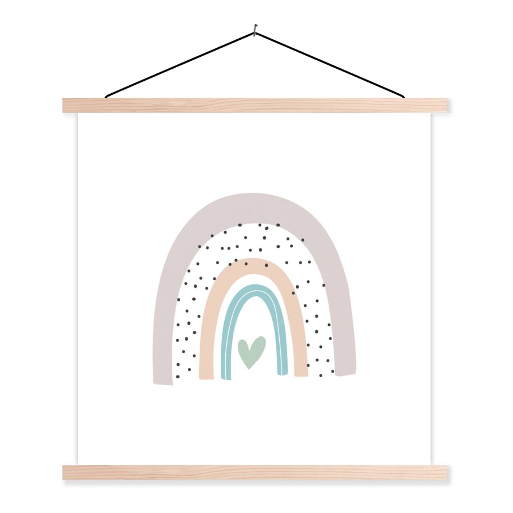 MuchoWow Textilposter Regenbogen - Herz - Pünktchen - Kinder - Kinder 60x60 cm mit holzfarbenen Rahmen - Wanddekoration