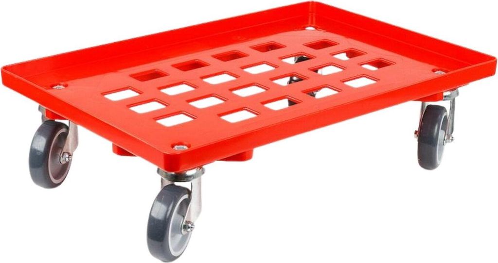 Transportroller für Euroboxen 60x40cm mit Gummiräder rot | Gitter/Rasterdeck | 2 Lenkrollen & 2 Bockrollen | Traglast 300kg | Kistenroller Logist...