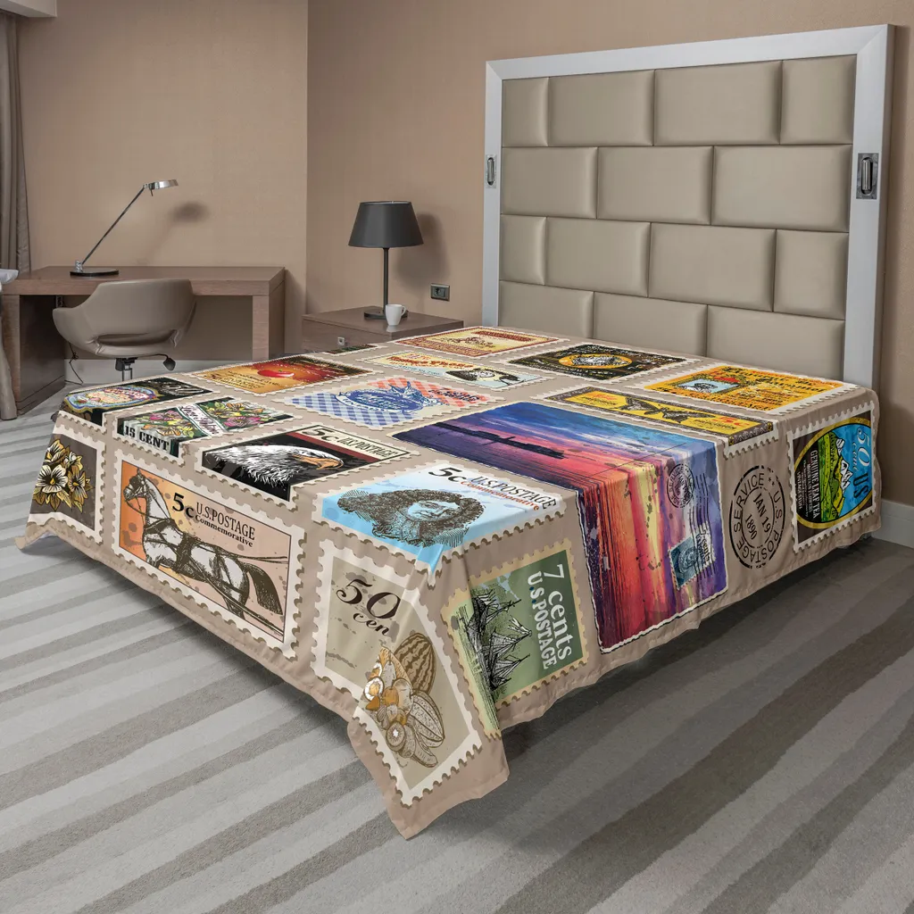 Drap Plat Confortable Anti-Plis Motifs Voyages 275x260 cm Marron Jaune