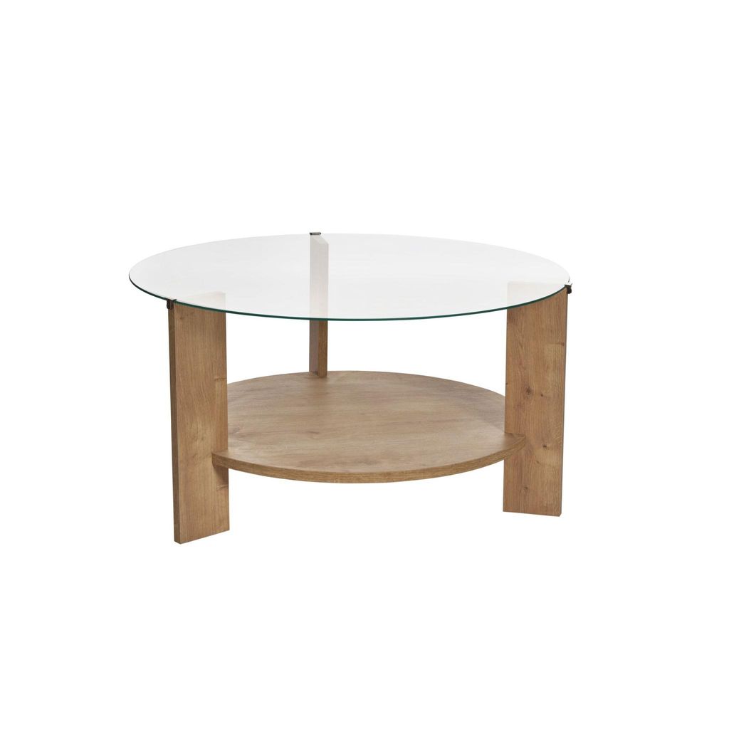 A round glass-top coffee table with a wooden shelf and wooden legs, isolated on a white background.