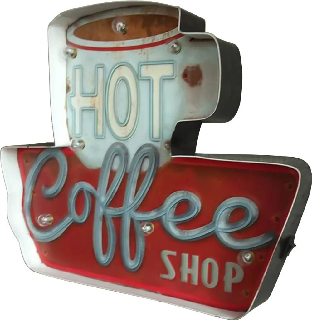 Enseigne Métallique Coffee Shop en Relief avec Éclairage LED Vintage