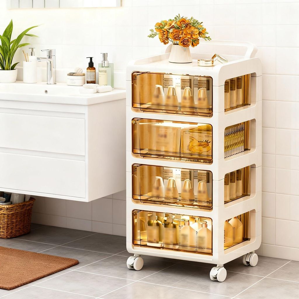 Schubladenelement, 4 x 12-Liter-Schubladenbehälter auf Rollen, Kunststoff-Schubladenschrank mit ergonomischem Griff, transparente Rollbox für Sch...