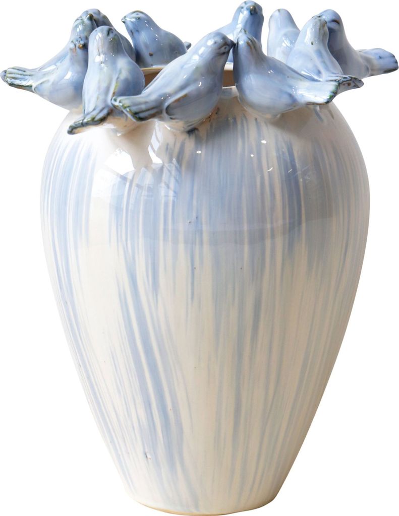 FURNARO Vasentopf Birdy - Keramikvase mit Vogelmotiv in Blau, ø29x32cm