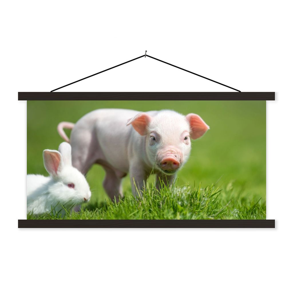 MuchoWow Textilposter Ferkel - Kaninchen - Tiere 120x60 cm mit schwarzem Rahmen - Dekoration Schlafzimmer