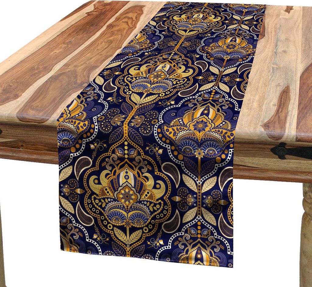 ABAKUHAUS asiatisch Tischläufer, Orientalisches antikes Muster-arabisches Laub-ethnische Inspirations-geometrisches Design, 40 x 180 cm, Gelb Lila
