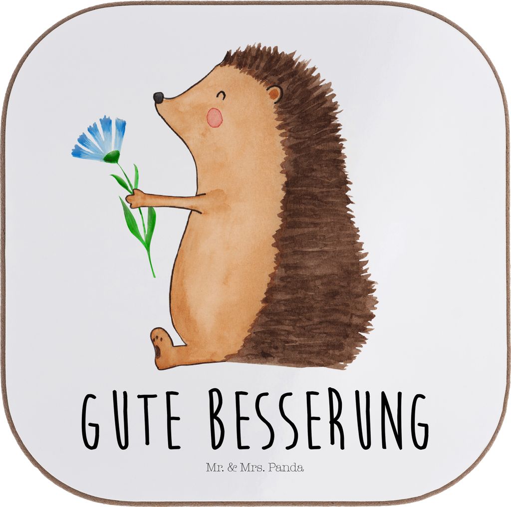 Mr. & Mrs. Panda Holzuntersetzer Igel Blumen - Weiß - Geschenk, Coaster, Genesungswünsche, Krankheit, Untersetzer für Gläser, Krankenhaus, Tisc...