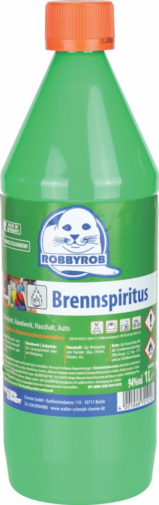 A green plastic bottle of Robbyrob Brennspiritus with an orange cap, shown against a white background.